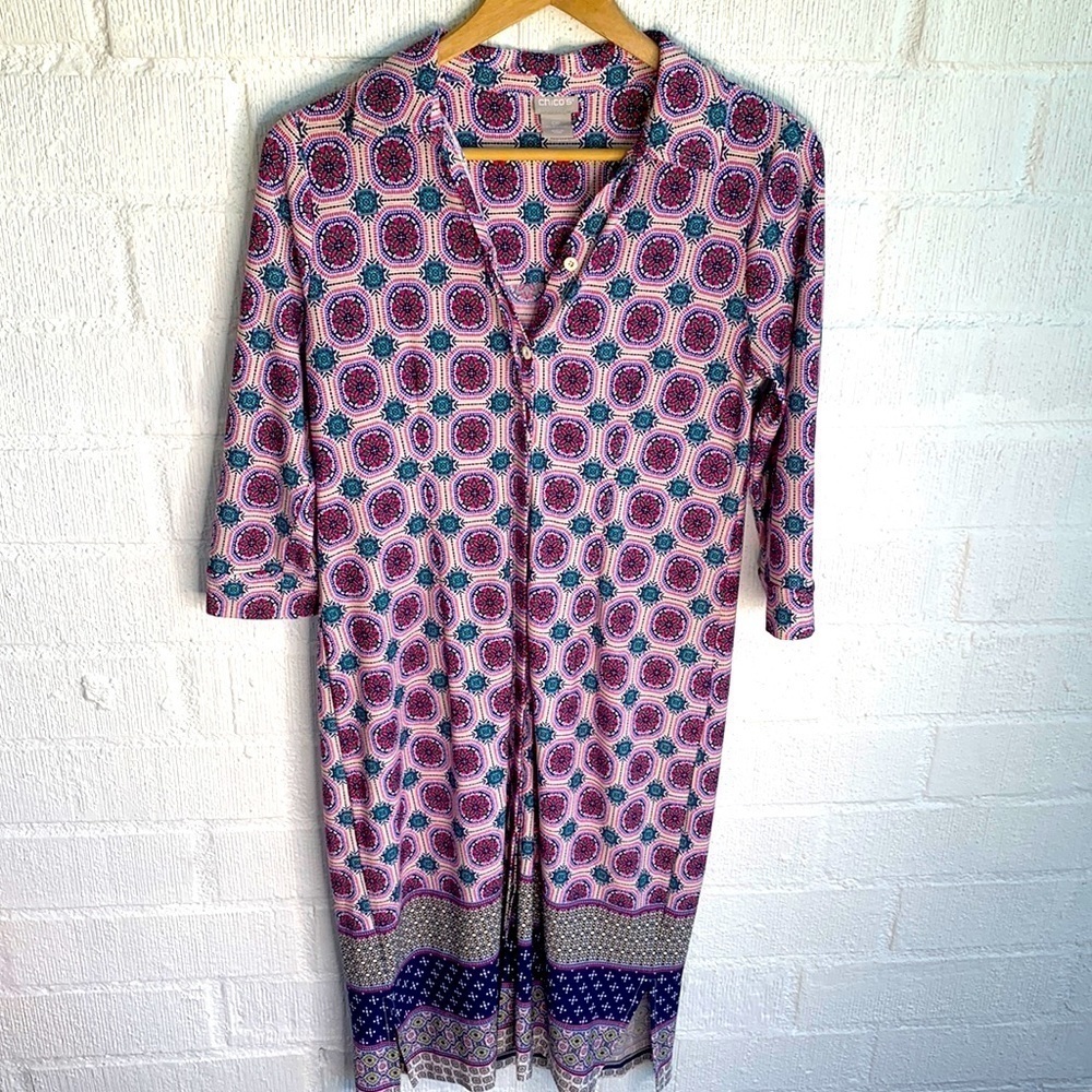 Chico's Geo Print Button Down 3/4 sleeve Knee Length Dress sz S/ 4 / 6